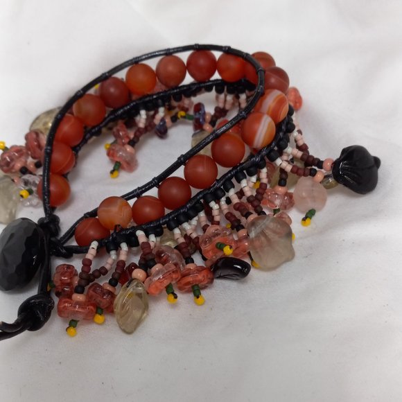 Woven Bracelet, Pink/Brown Agate with Fringe, Flowers, Antique Mourning Button - Picture 3 of 8